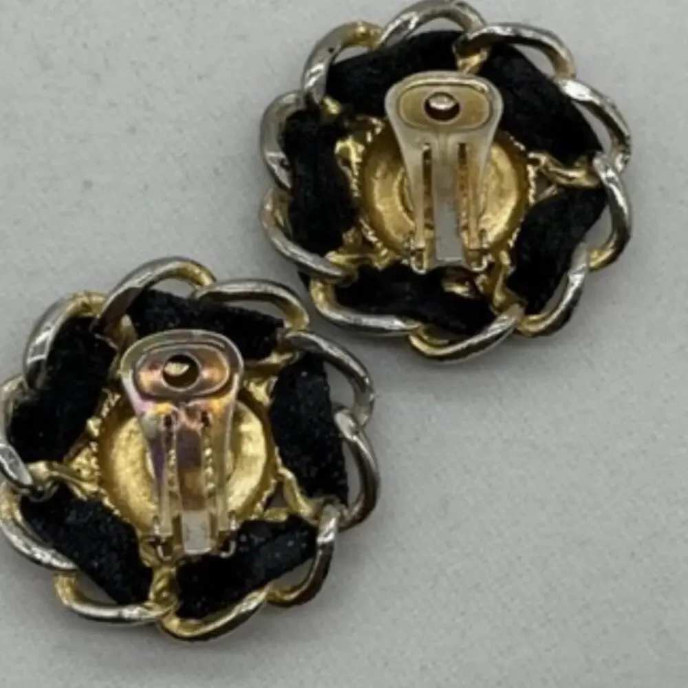 Vintage Authentic Gold Tone Leather Chanel Clip On Earrings